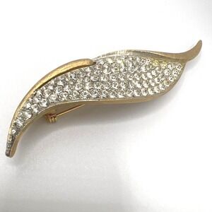 Vintage Pave Rhinestone Leaf Brooch 3.25" Pin Brushed Antique Gold Tone JJ 22.8g